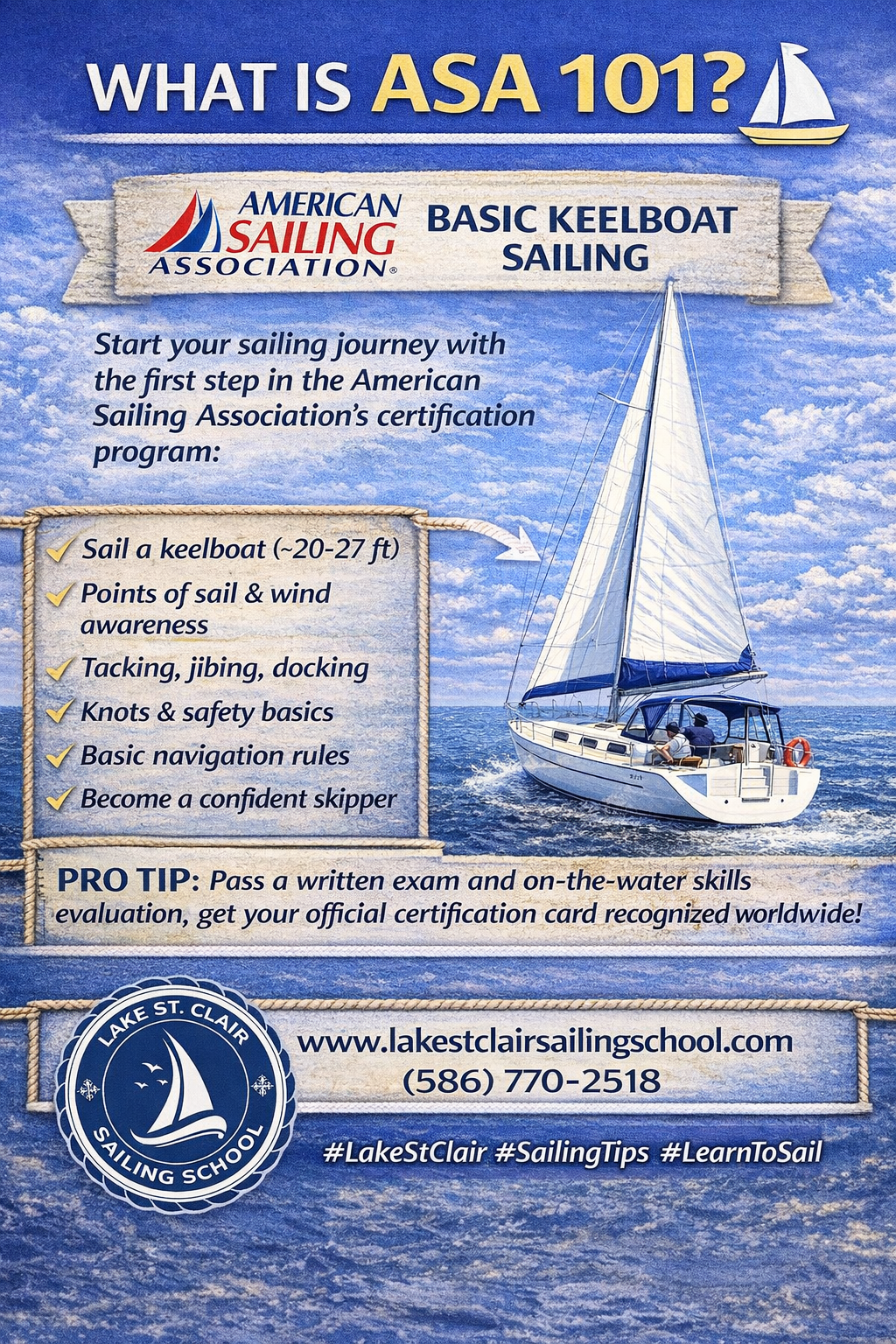 Read more about the article ASA 101 is the Basic Keelboat Sailing certification from the American Sailing Association (ASA).