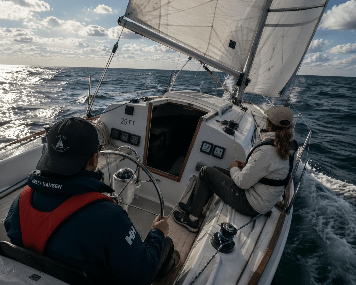 Sailors practicing on-water boat handling during a sailing class