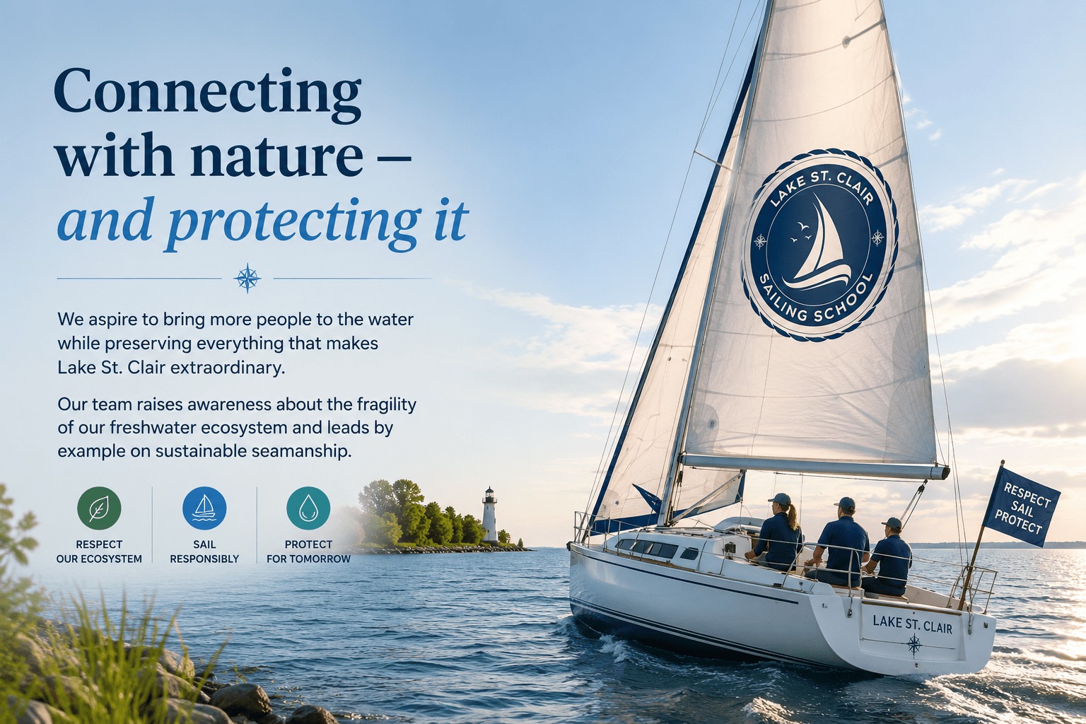 A Lake St. Clair Sailing School crew sails past a lighthouse. Connecting with nature, and protecting it. We aspire to bring more people to the water while preserving everything that makes Lake St. Clair extraordinary. Our team raises awareness about the fragility of our freshwater ecosystem and leads by example on sustainable seamanship. Respect our ecosystem. Sail responsibly. Protect for tomorrow.