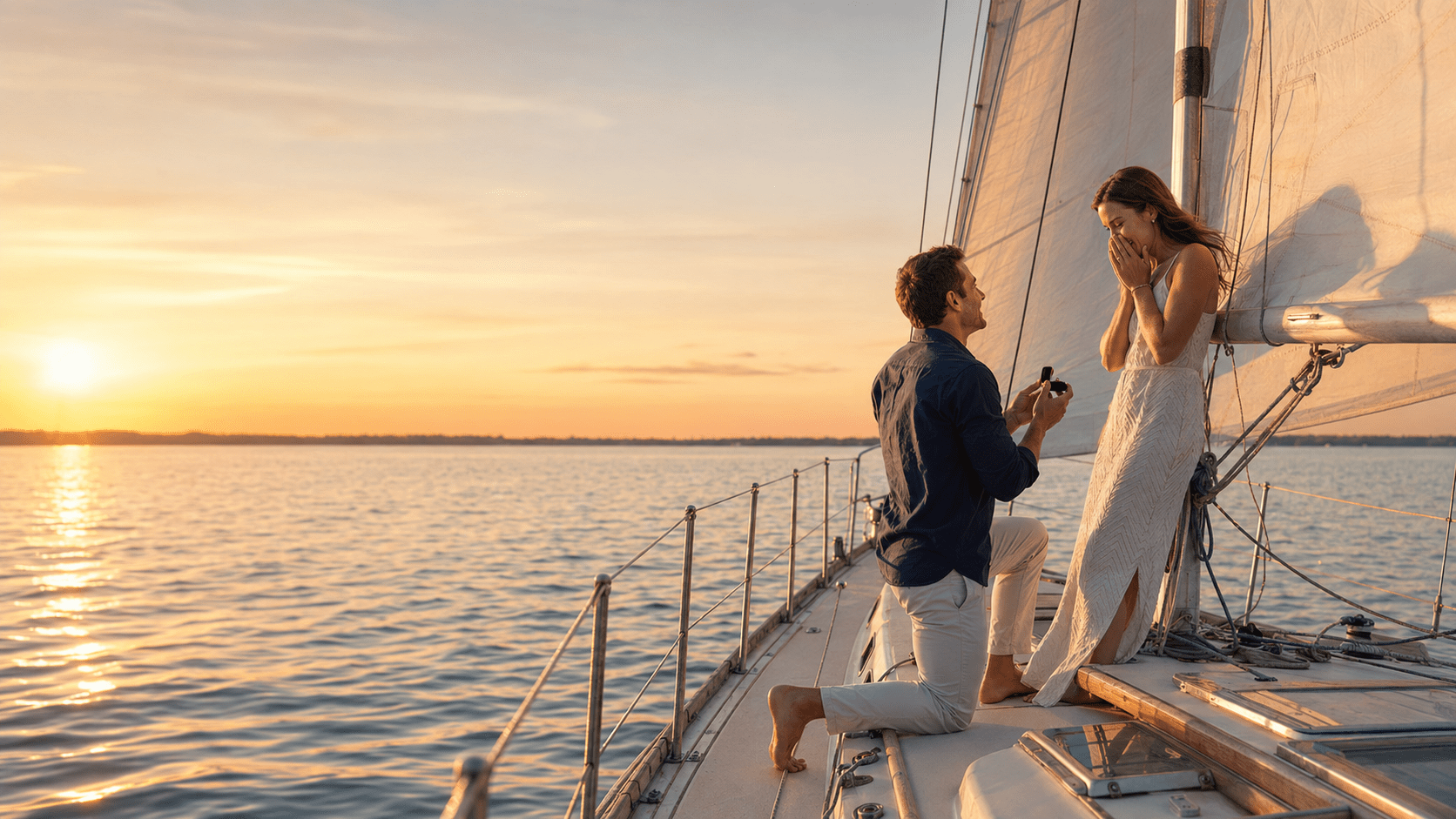 A couple sharing a marriage proposal aboard a sailboat at sunset on Lake St. Clair