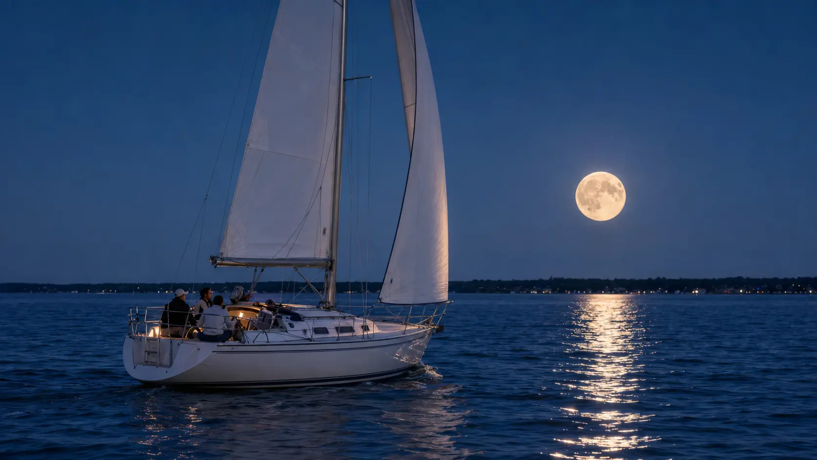 Sailboat cruising on Lake St. Clair beneath a bright full moon