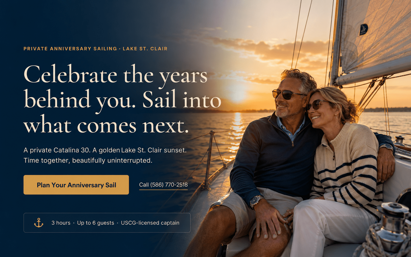 A married couple celebrating their anniversary aboard a Catalina 30 sailboat at sunset