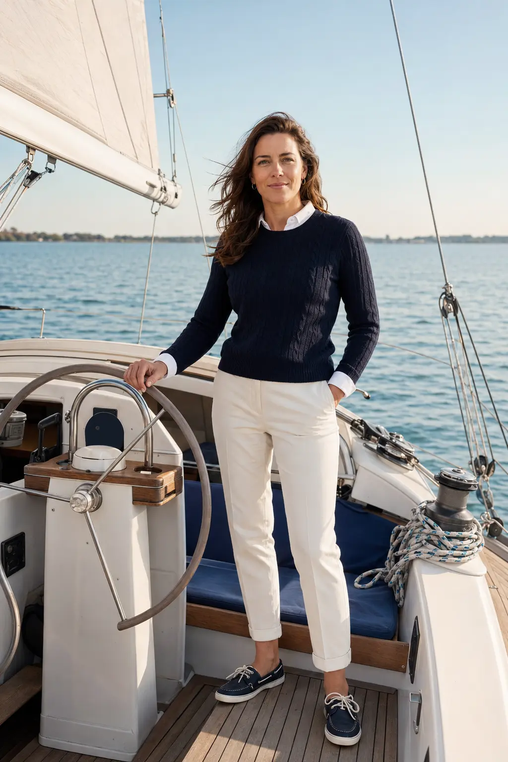 Woman posing for a professional personal-branding portrait aboard a sailboat on Lake St. Clair