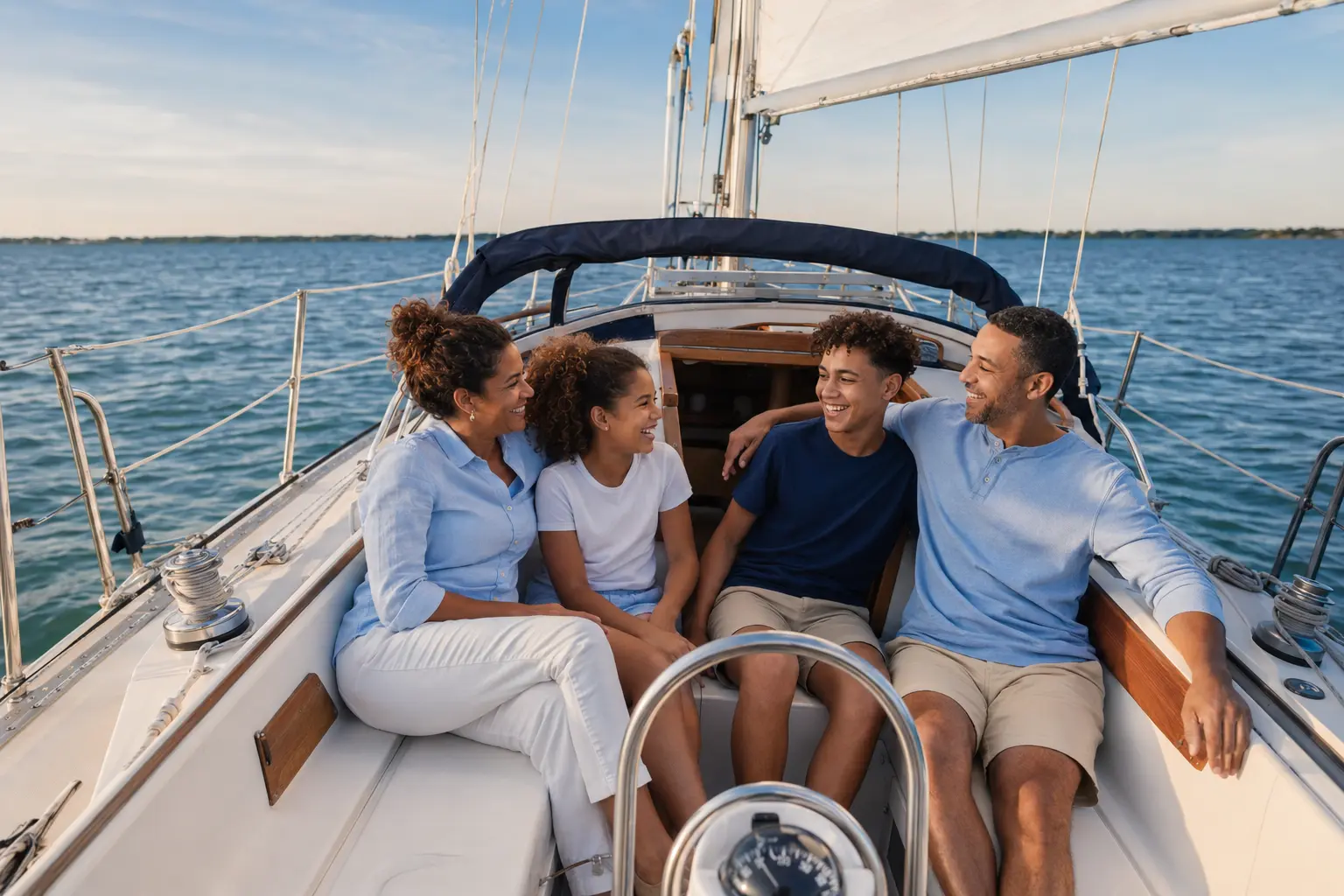 Family smiling together during a private sailboat photo session