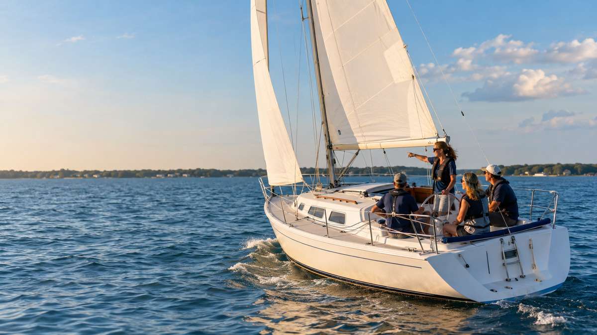 Sailing instructor coaching adult students aboard a Catalina 30 on Lake St. Clair